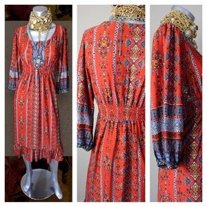 ONE WORLD Bohemian Mixed Floral Tribal Print Midi Dress